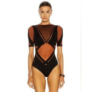 Wolford Black and Rust Mesh-Panel Short-Sleeve Bodysuit
